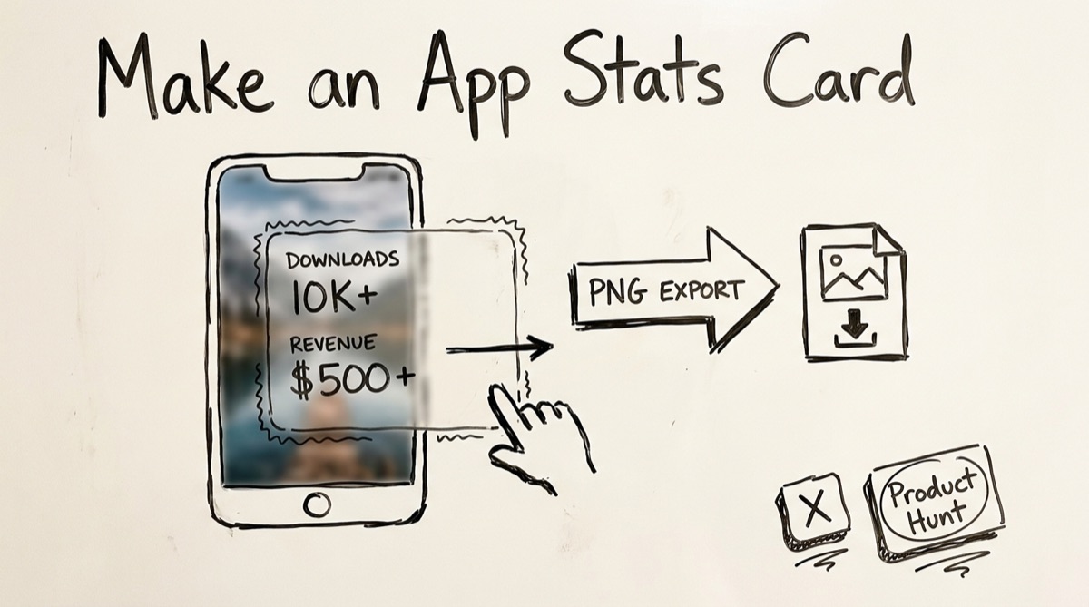 App Stats card showing downloads and revenue numbers over a custom background, styled as a frosted glass panel