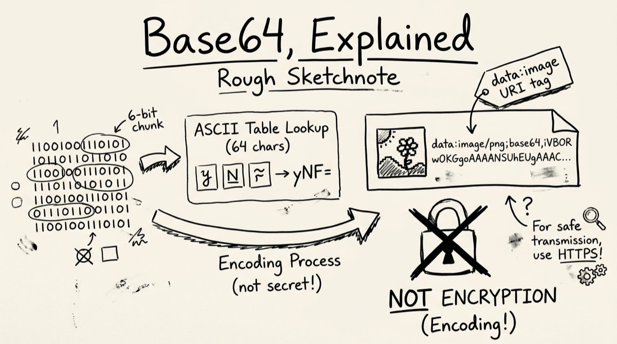 A hand-drawn diagram of Base64 encoding showing three bytes splitting into four 6-bit groups mapped to ASCII characters