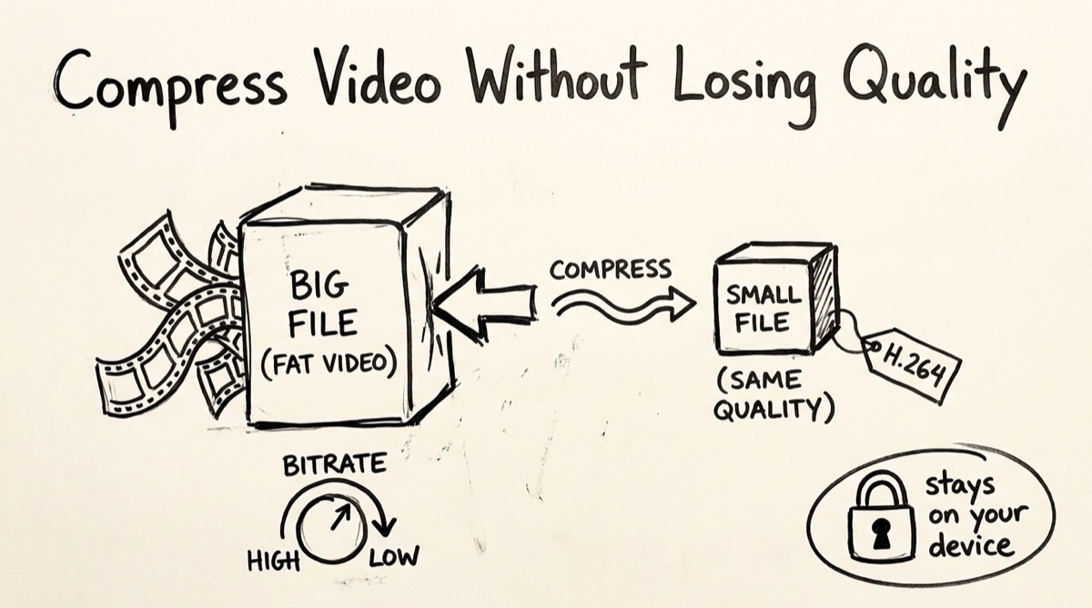 A video file shrinking from a large size down to a smaller one while keeping visual quality