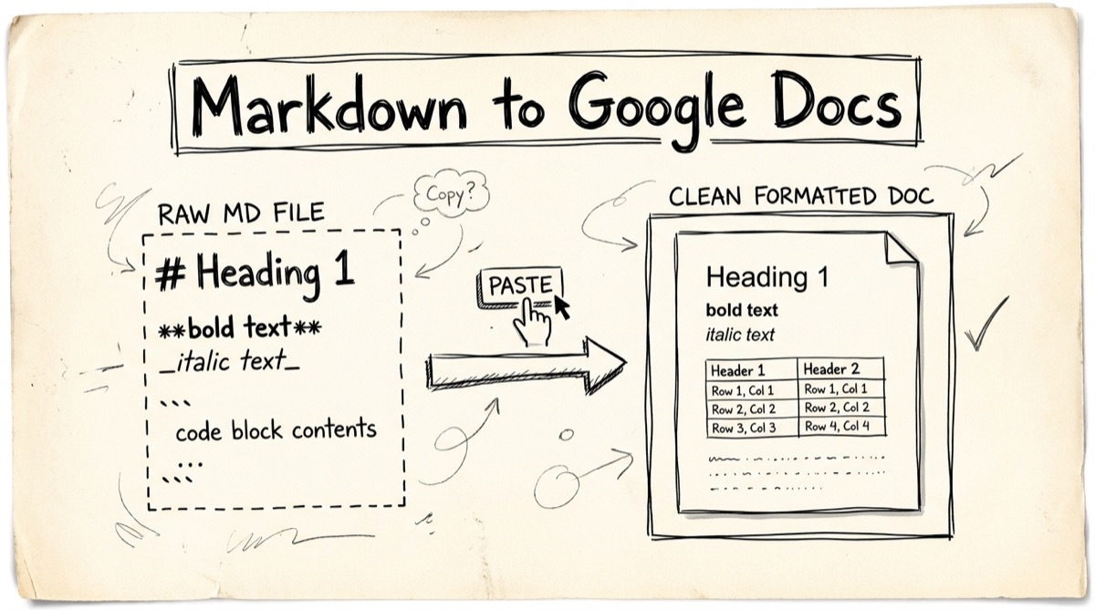 Markdown editor next to a Google Docsβstyled preview pane, showing formatted headings, a table, and a rendered LaTeX equation