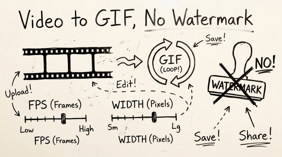 Video to GIF conversion showing trim, width, and frame rate controls in a browser