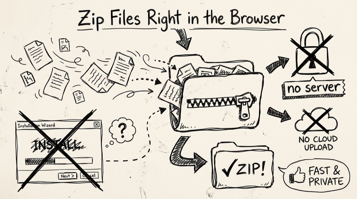 Browser window creating a ZIP archive from dragged files with a download button