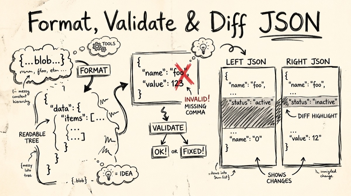 Split-screen developer console showing raw minified JSON on the left and pretty-printed, line-numbered JSON on the right