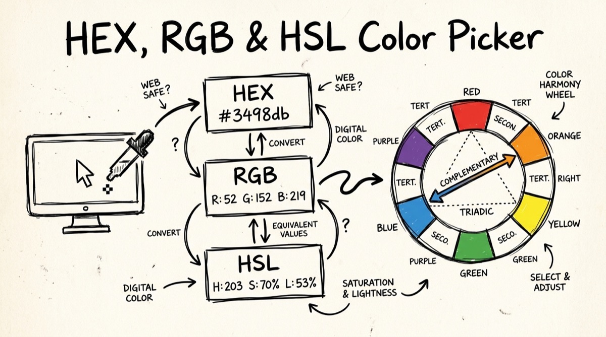HEX, RGB, and HSL color picker with harmony palette swatches