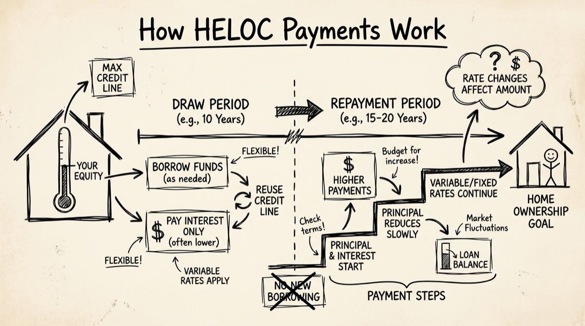 Line chart showing a HELOC monthly payment jumping upward at the transition from the interest-only draw period to the amortizing repayment period