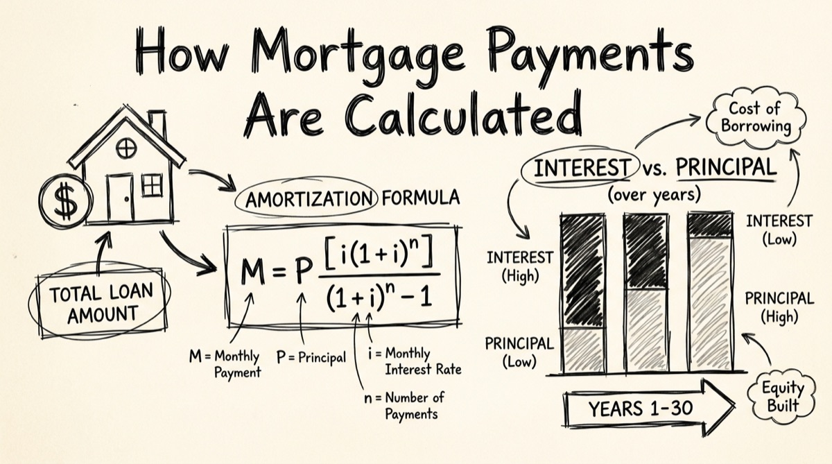 Amortization schedule diagram showing a mortgage payment split into principal and interest over time