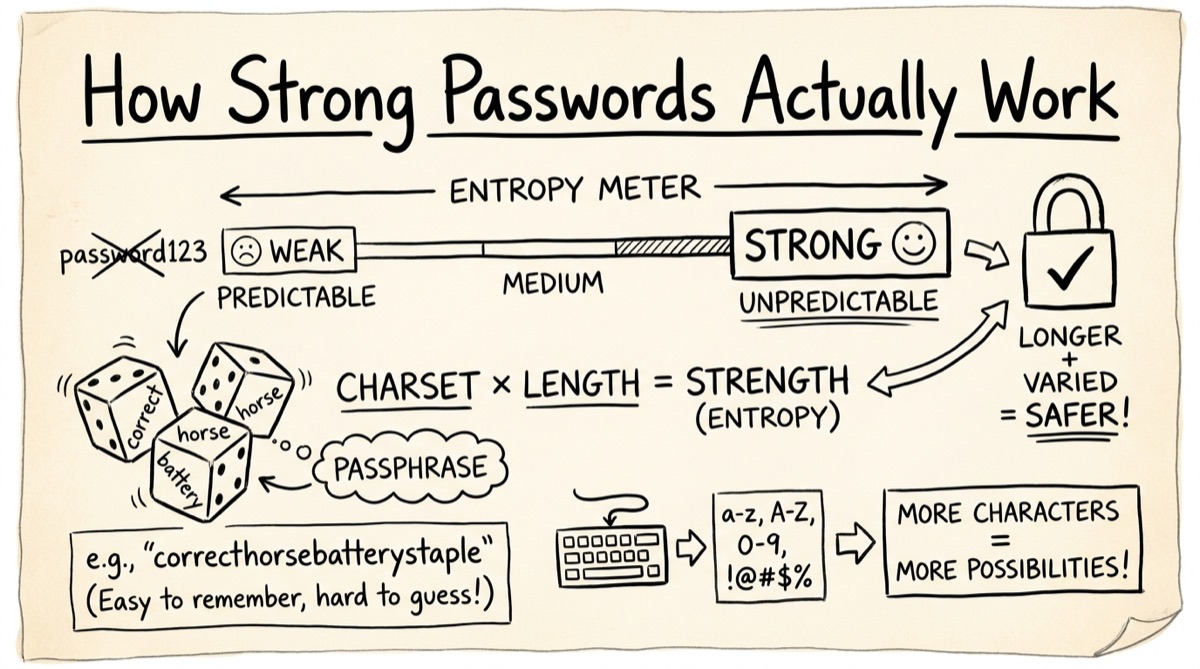 A password strength meter showing bits of entropy and estimated crack time