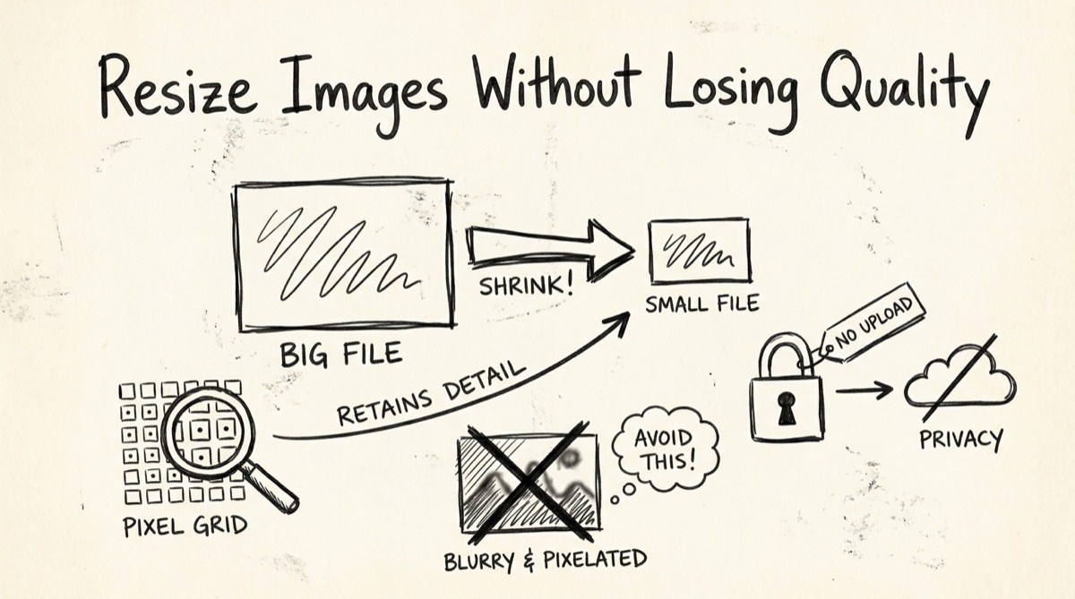 Hand-drawn whiteboard sketch of a large photo being resized to a smaller one without quality loss, with a no-upload lock