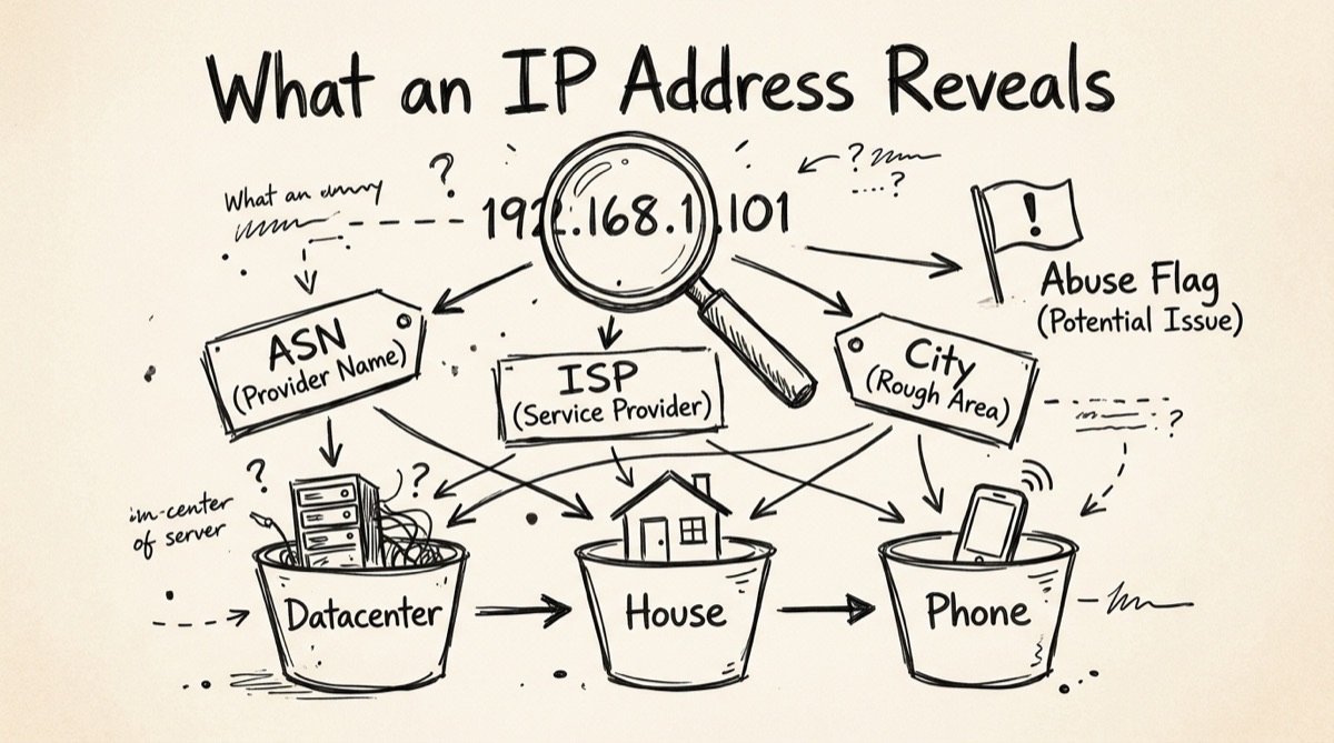 A magnifying glass over IP address data showing ASN, ISP, and geolocation fields