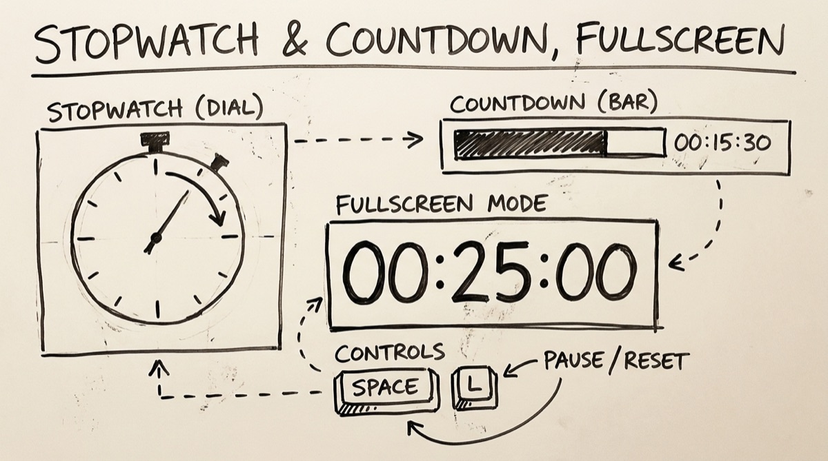 Stopwatch and countdown timer running in fullscreen mode with lap splits