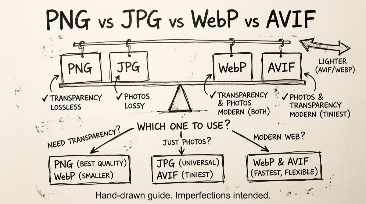 Side-by-side comparison of PNG, JPG, WebP, and AVIF image format icons with file size bars