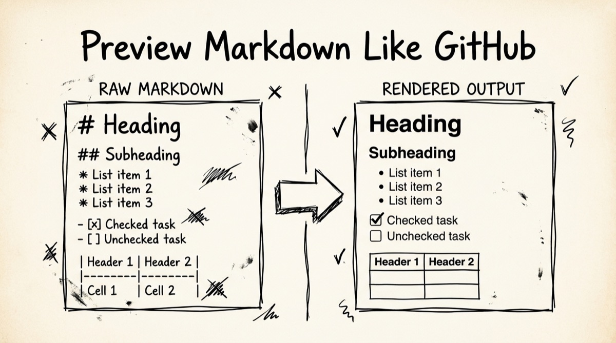 Split-pane Markdown editor showing a GitHub-Flavored Markdown table and task list rendering live next to the raw text
