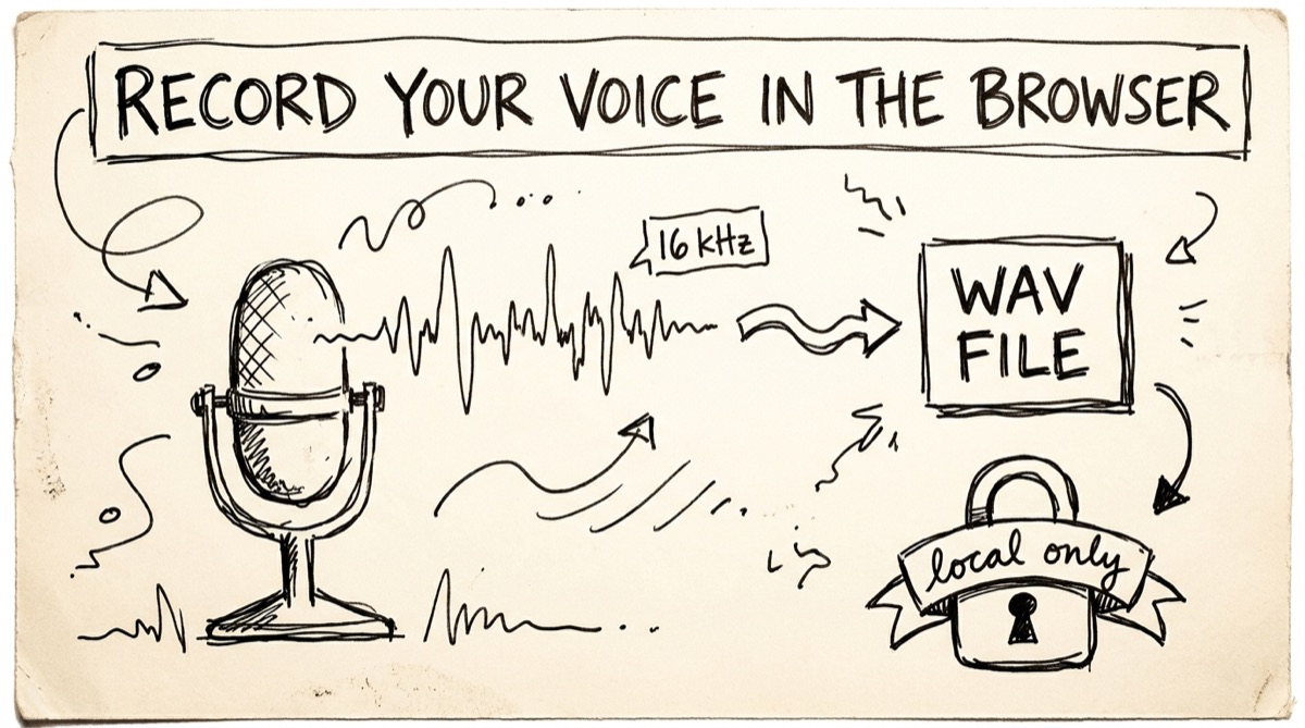 Browser-based voice recorder with live waveform, mono WAV output at 16kHz or 24kHz, and a JSON metadata sidecar