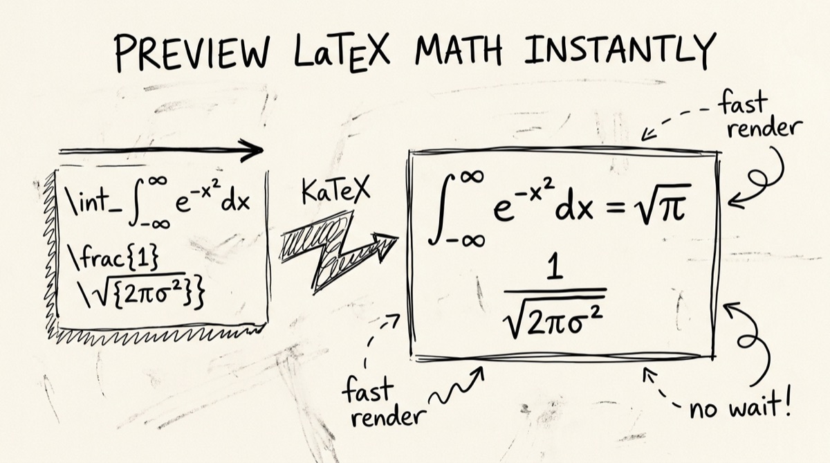 LaTeX equation preview rendered live with KaTeX in the browser