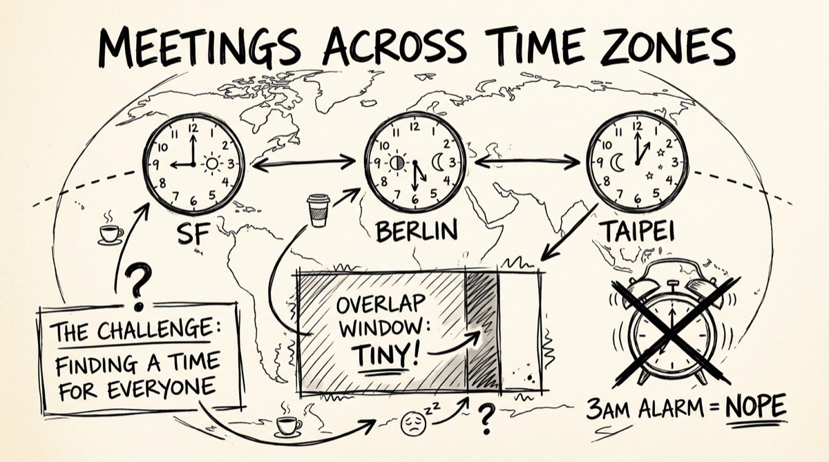Timezone converter tool showing a meeting time converted across San Francisco, Berlin, and Taipei with a live world clock