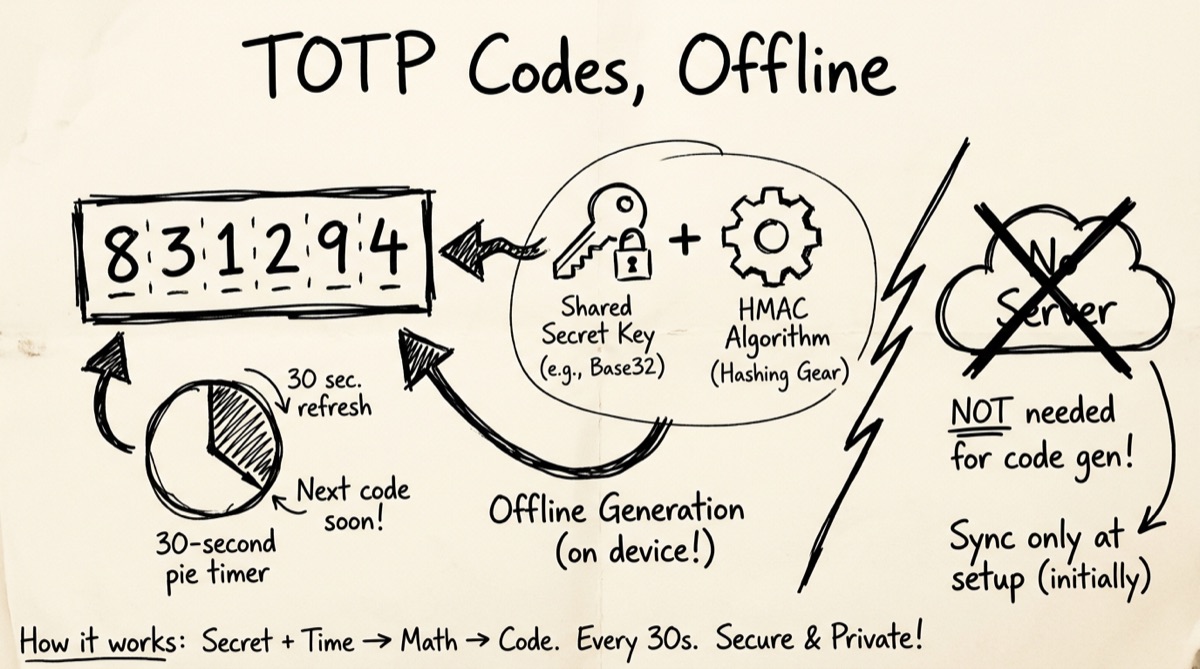 A browser tab generating a 6-digit TOTP code next to a QR code, on a dark developer-tool interface
