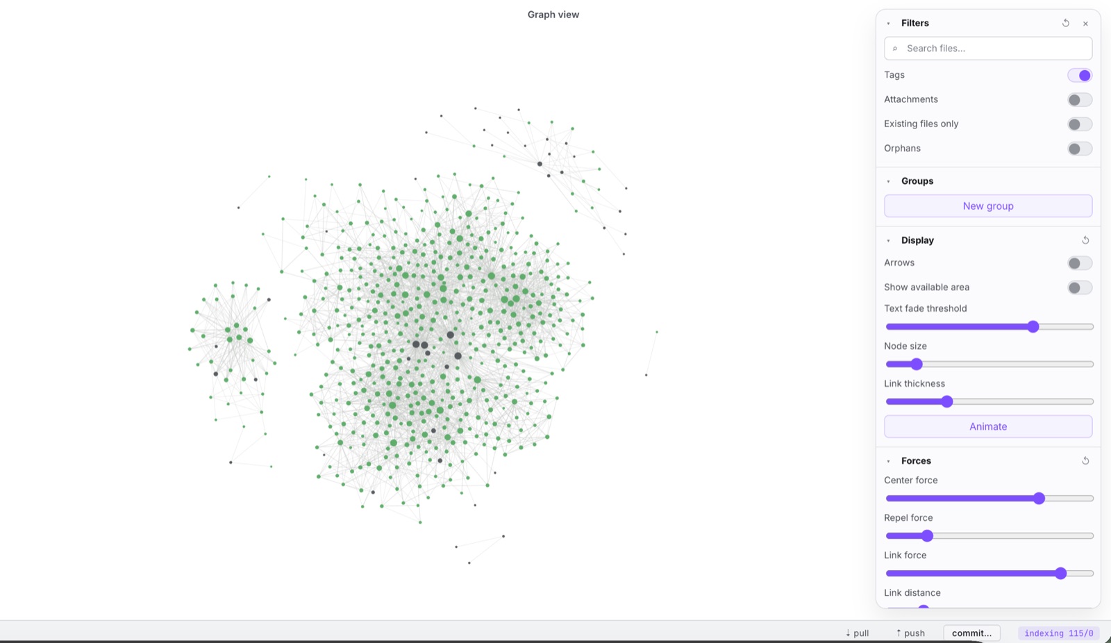atomos graph view — force-directed cluster of ~600 atom nodes with the right-side Filters / Display / Forces panel.